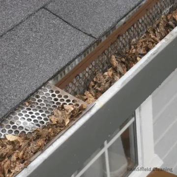 A gutter guard covered with small leaf debris, partially displaced and in need of cleaning and adjustment.
