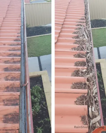 A photo showcasing the difference between two gutters, one cleaned and one uncleaned, highlighting RainShield Cleaning's professional results.