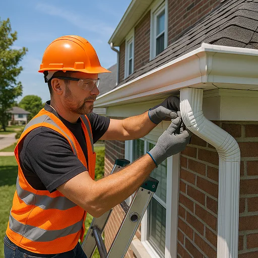 Gutter technician at work Worker repairing a gutter on a ladder