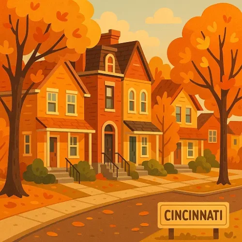 Another autumn street in Cincinnati Vibrant fall scene with Cincinnati sign